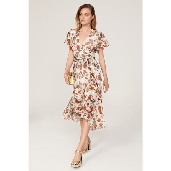 TANYA TAYLOR Floral Brown White Wrap Ruffle Sleeves Floral Blaire Dress Size 4 - Picture 1 of 13